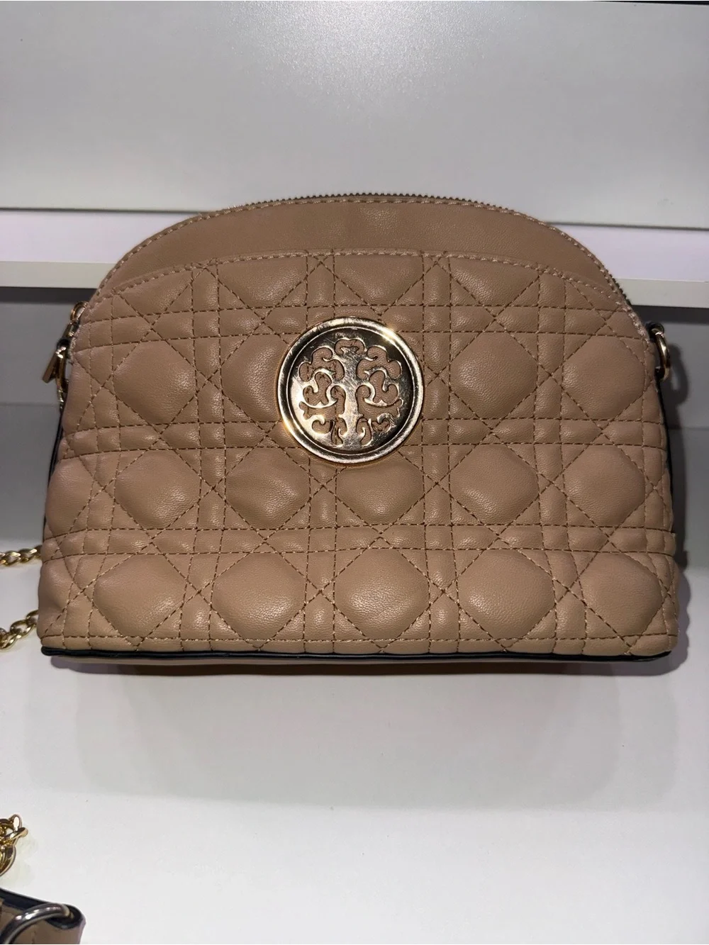 Quilted Taupe Crossbody Bag with Gold Medallion